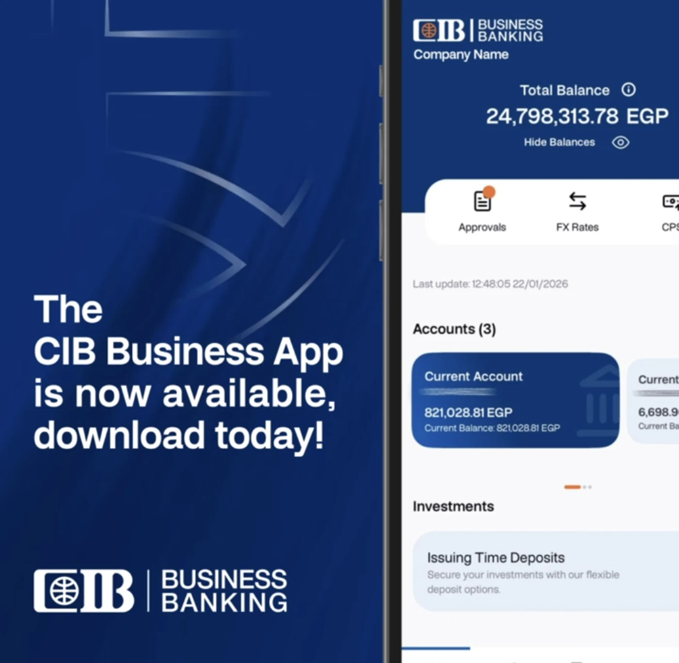 CIB Business Banking mobile app showing account balances and quick actions