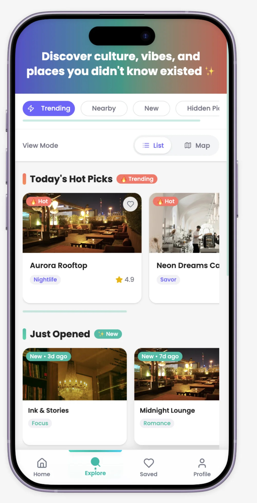 GlimpseGems Explore screen with list and map toggle