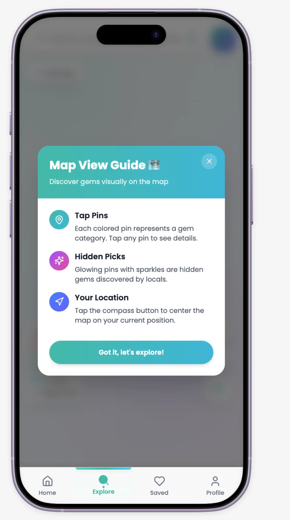 GlimpseGems map view onboarding guide