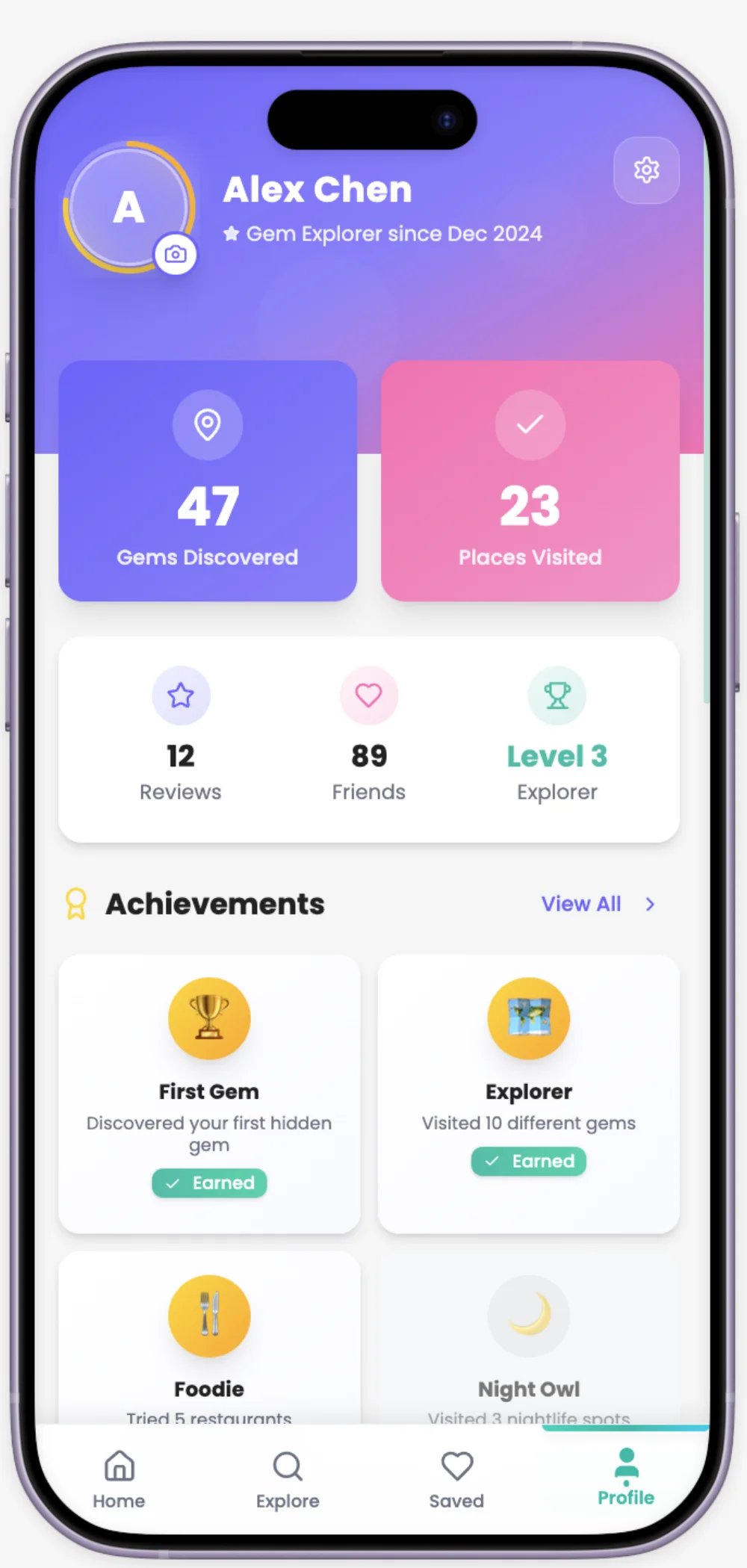 GlimpseGems gamified profile screen with achievement badges